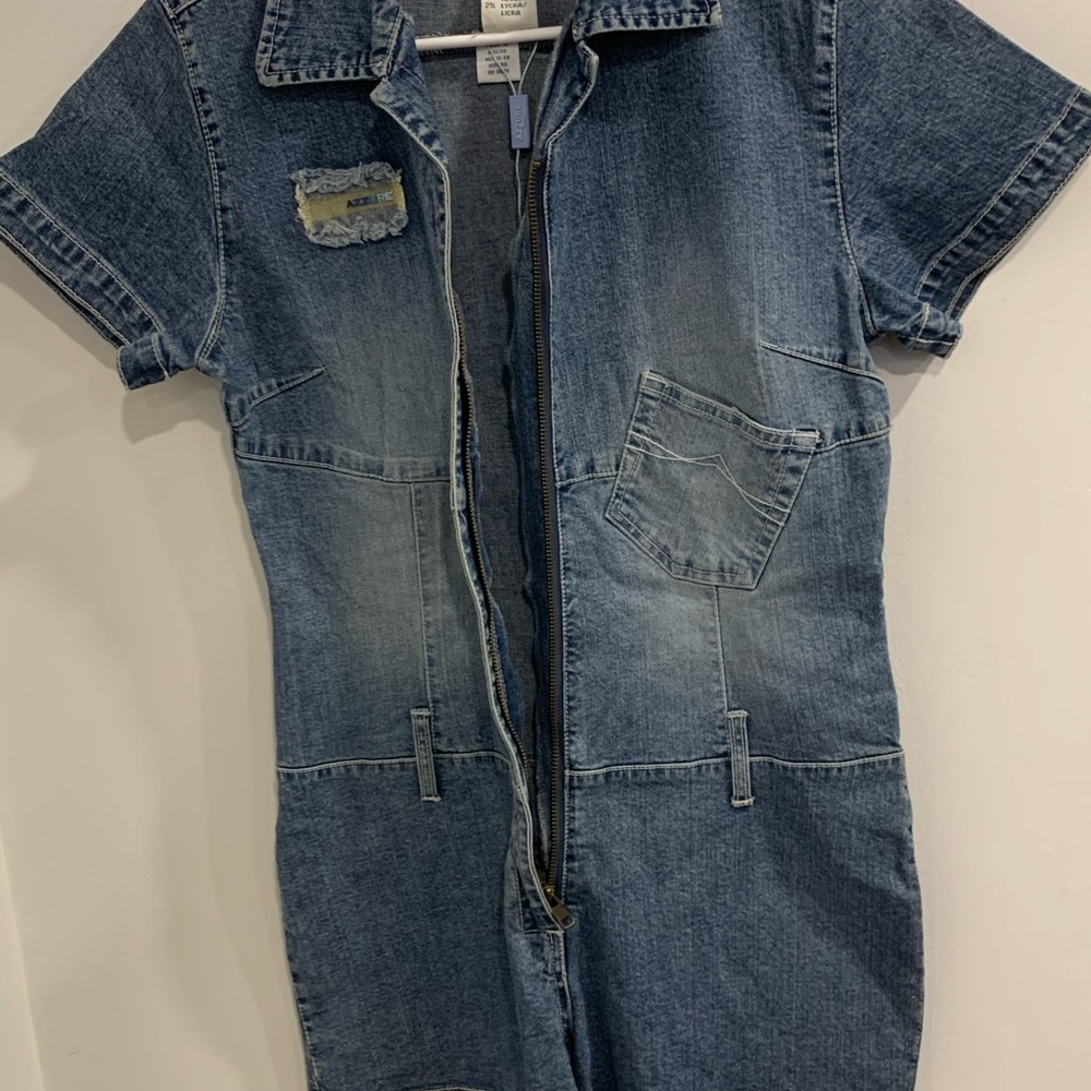 Azzure Denim Jumpsuit Shorts with Frayed Patch Accent - Picture 7 of 14